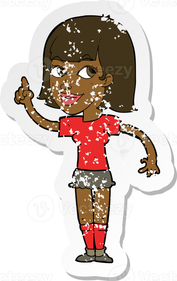 retro distressed sticker of a cartoon pretty girl with idea png
