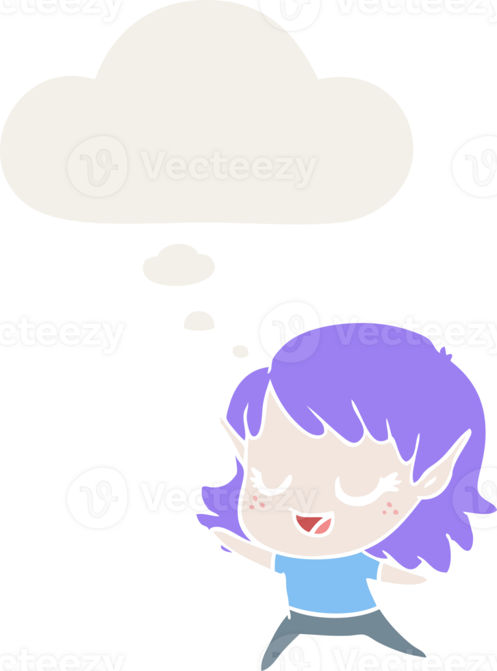 carton happy elf girl dancing with thought bubble in retro style png