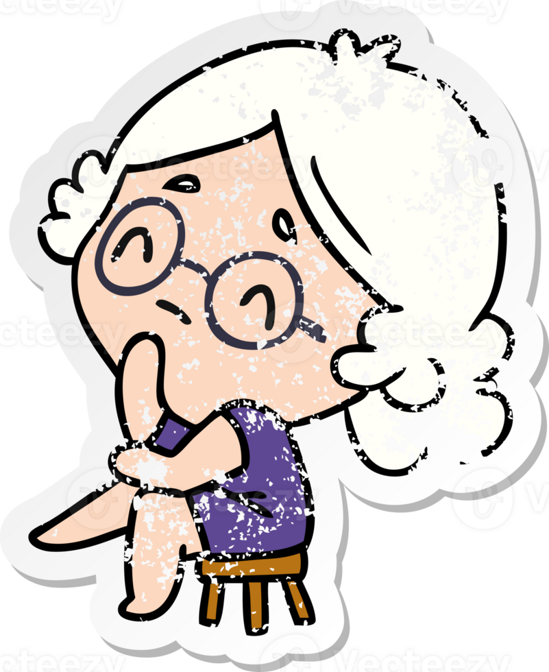 distressed sticker cartoon illustration of a cute kawaii lady thinking png
