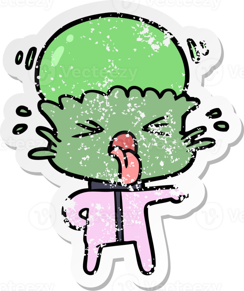distressed sticker of a weird cartoon alien pointing png