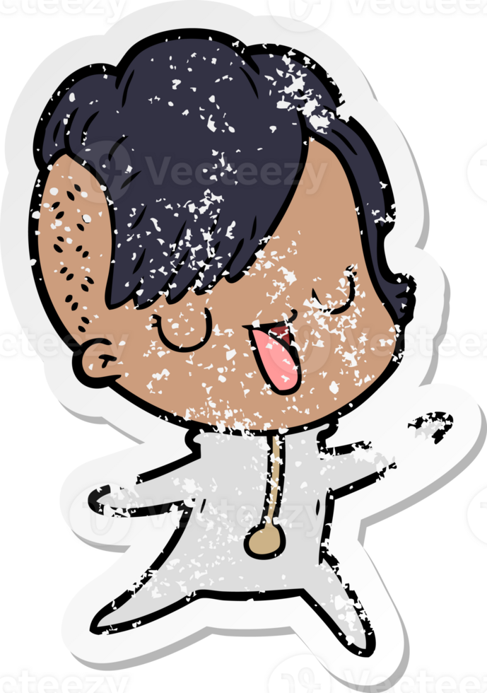 distressed sticker of a cute cartoon girl with hipster haircut png