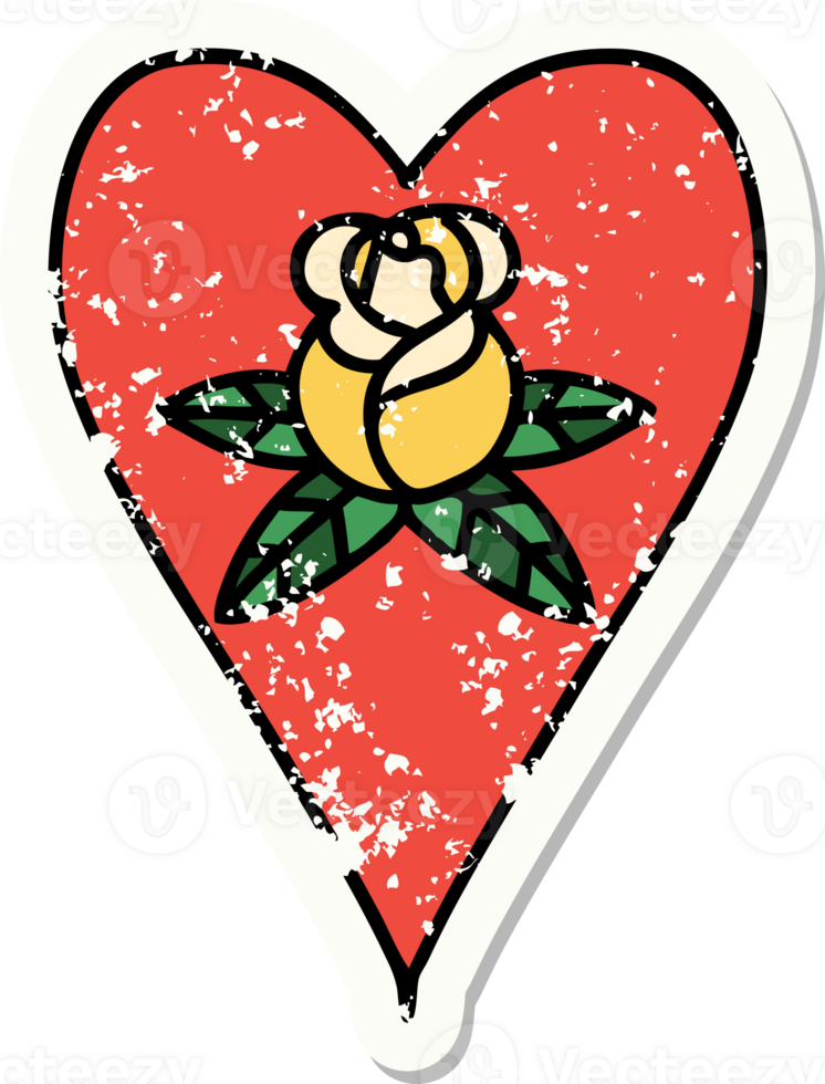 distressed sticker tattoo in traditional style of a heart and flowers png