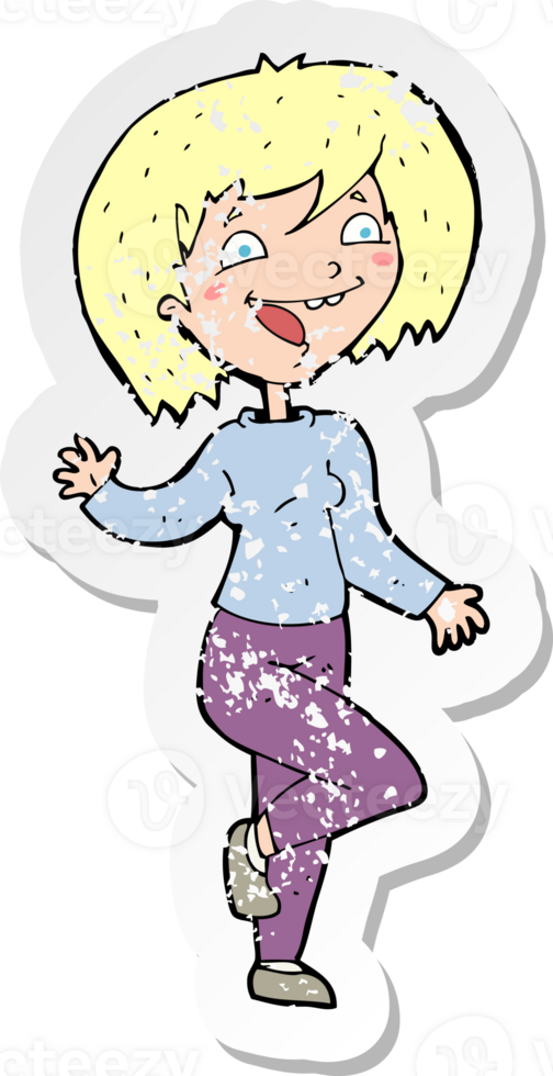 retro distressed sticker of a cartoon laughing woman png