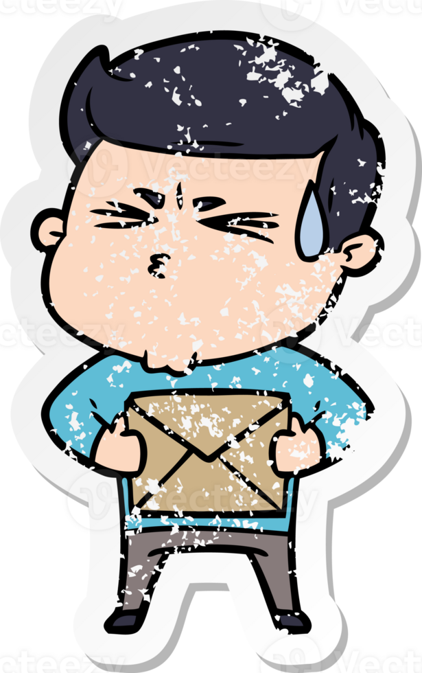 distressed sticker of a cartoon man sweating png