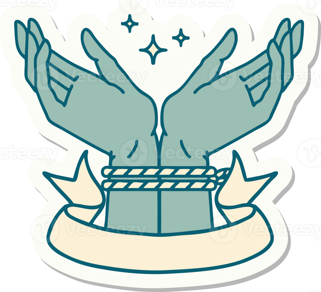 tattoo style sticker with banner of a pair of tied hands png