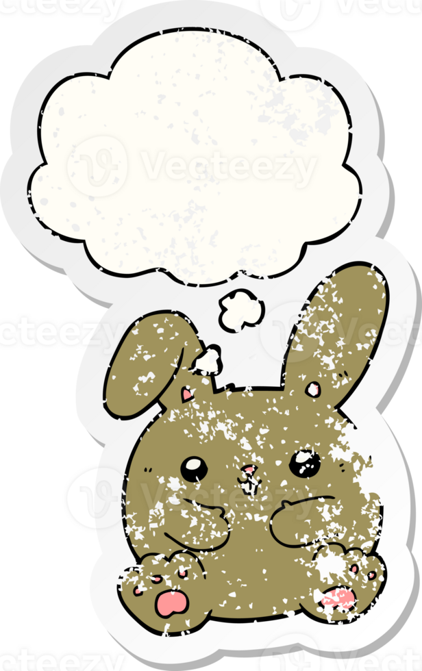 cartoon rabbit with thought bubble as a distressed worn sticker png