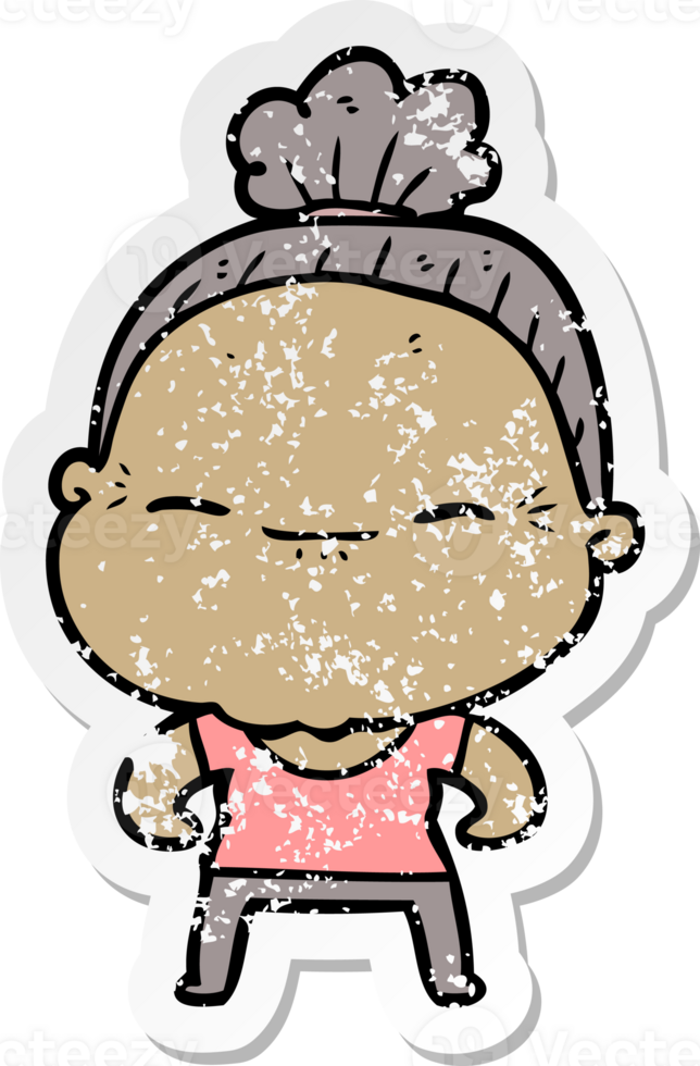 distressed sticker of a cartoon peaceful old woman png