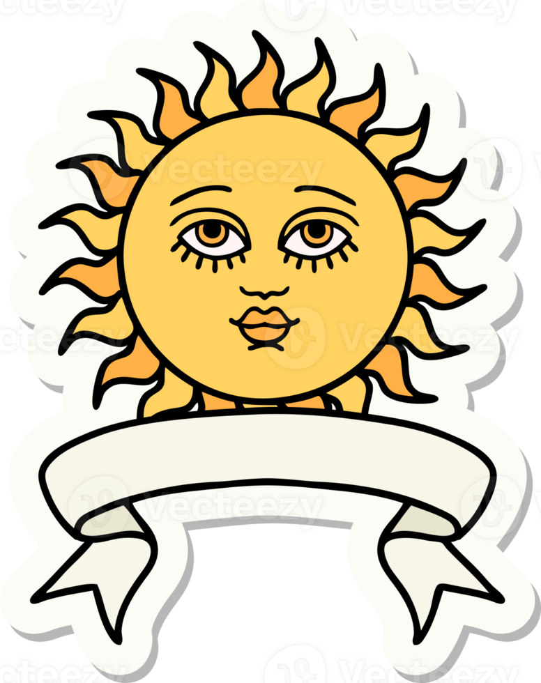 tattoo style sticker with banner of a sun with face png