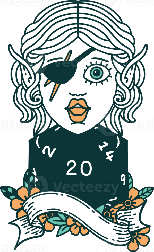 Retro Tattoo Style elf rogue with natural twenty dice roll png