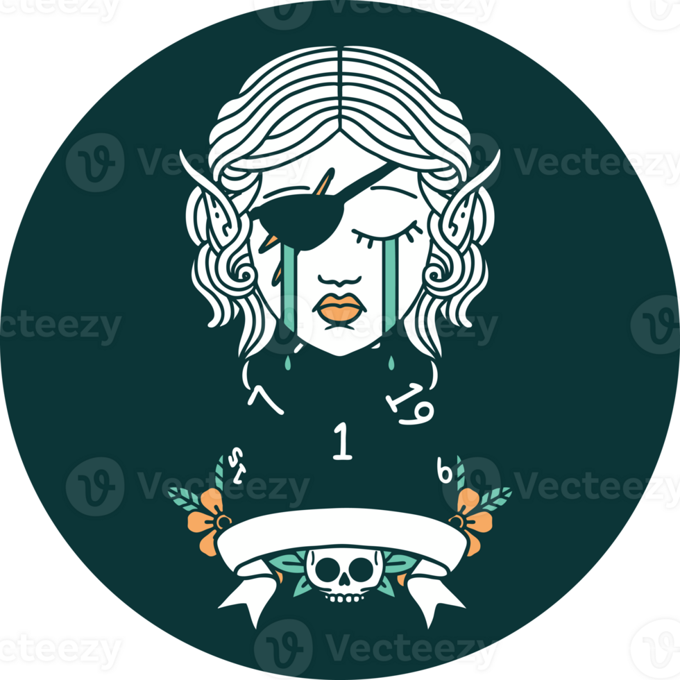icon of crying elf rogue character with natural one D20 roll png