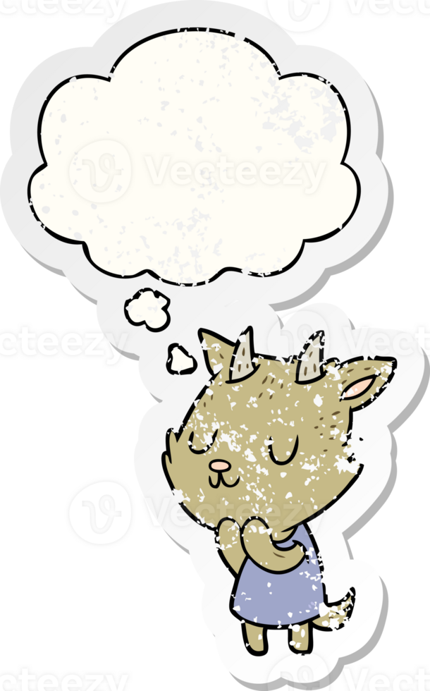 cartoon goat with thought bubble as a distressed worn sticker png