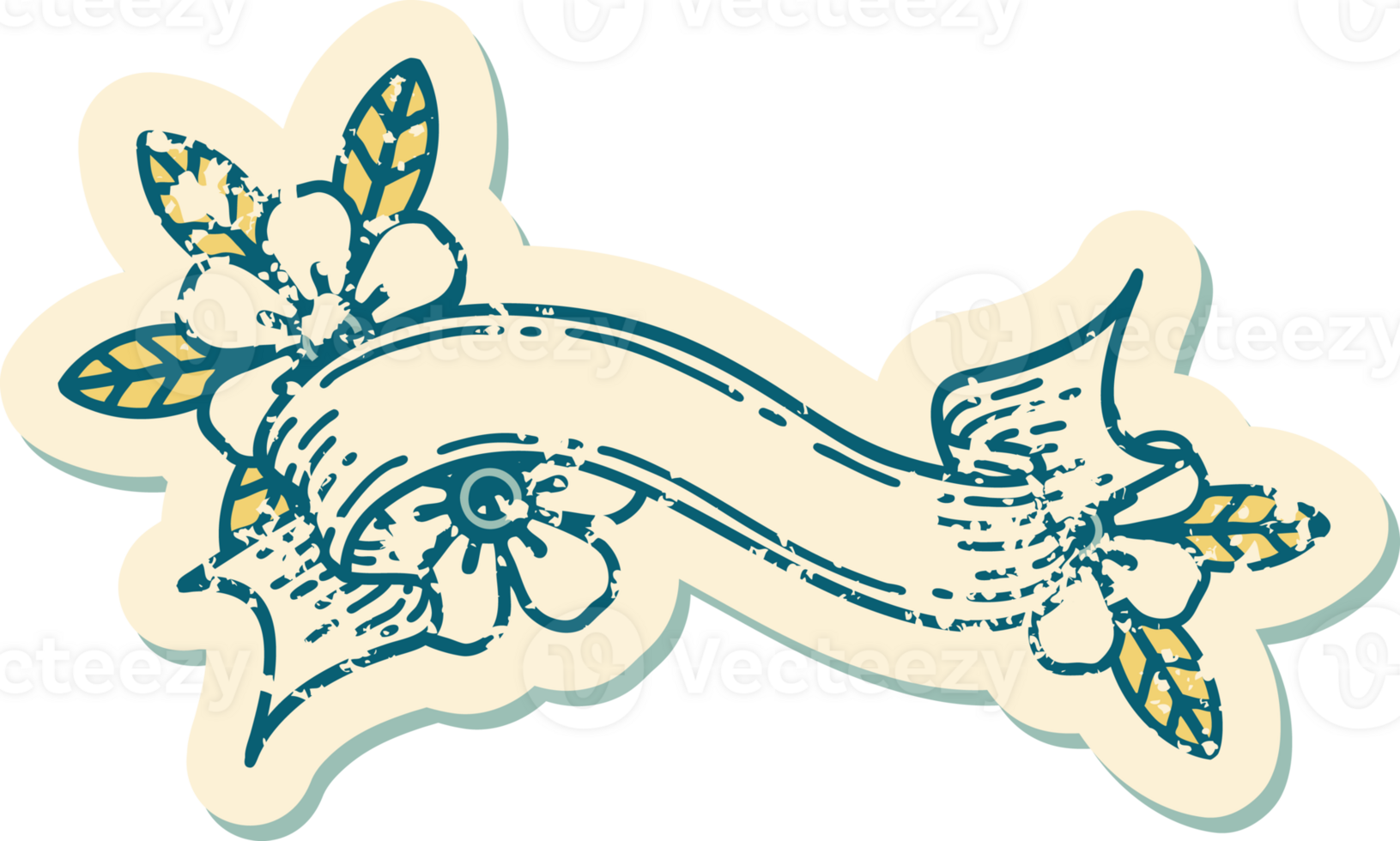 iconic distressed sticker tattoo style image of a banner and flowers png