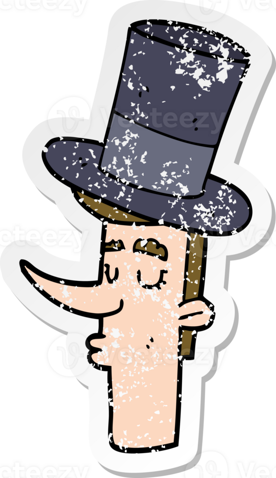 distressed sticker of a cartoon man wearing top hat png