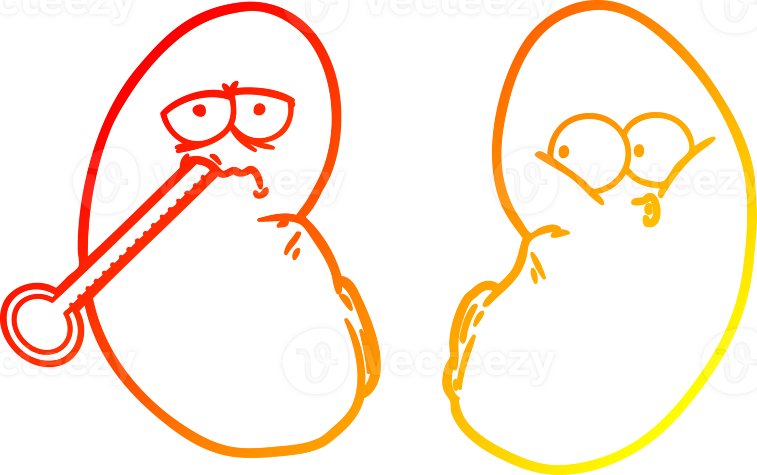 warm gradient line drawing of a cartoon unhealthy kidney png