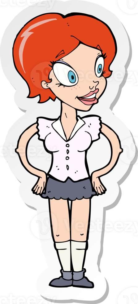 sticker of a cartoon happy woman in short skirt png