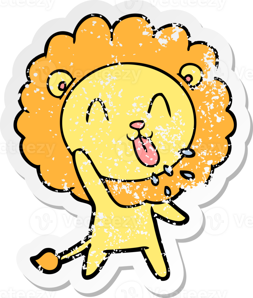 distressed sticker of a happy cartoon lion png