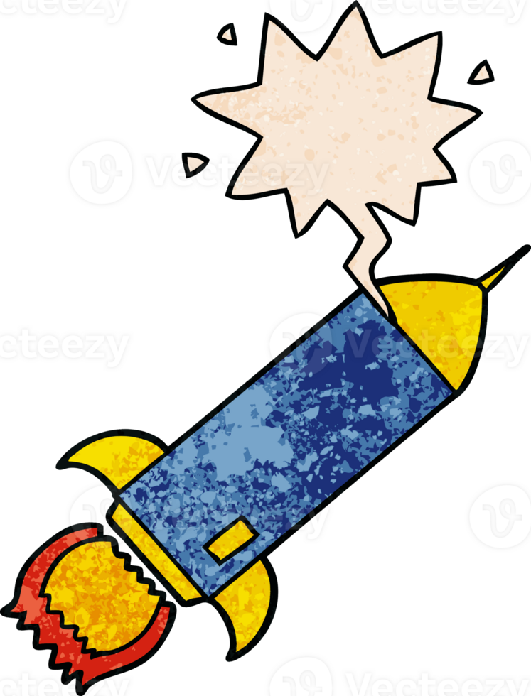cartoon rocket with speech bubble in retro texture style png