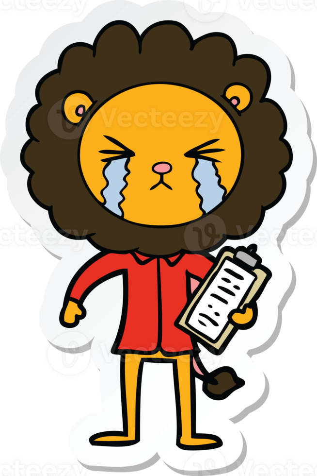 sticker of a cartoon crying lion with clipboard png