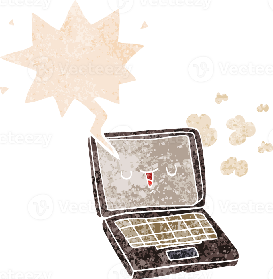 cartoon computer with speech bubble in grunge distressed retro textured style png