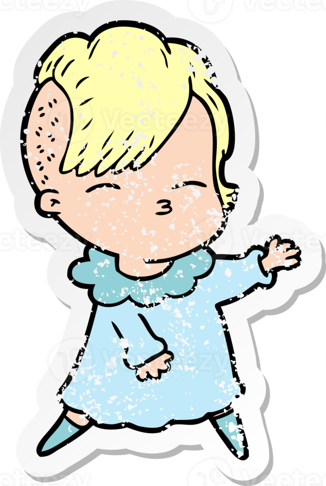 distressed sticker of a cartoon squinting girl png