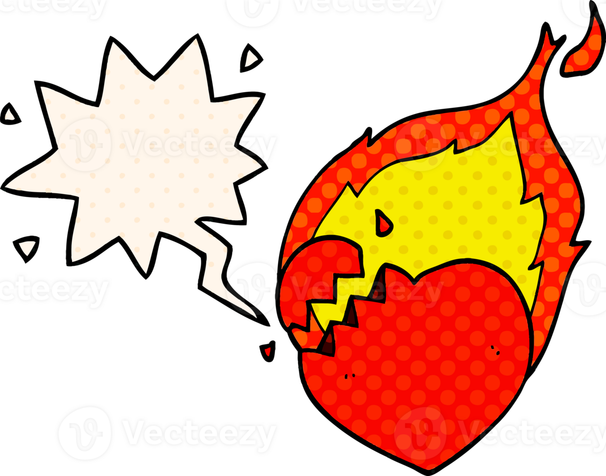 cartoon flaming heart with speech bubble in comic book style png