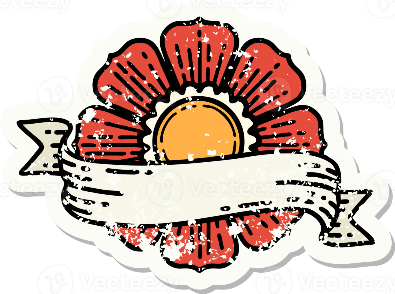 distressed sticker tattoo in traditional style of a flower and banner png