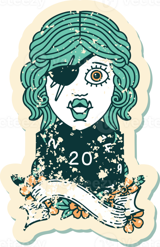 Retro Tattoo Style orc rogue character with natural twenty dice roll png