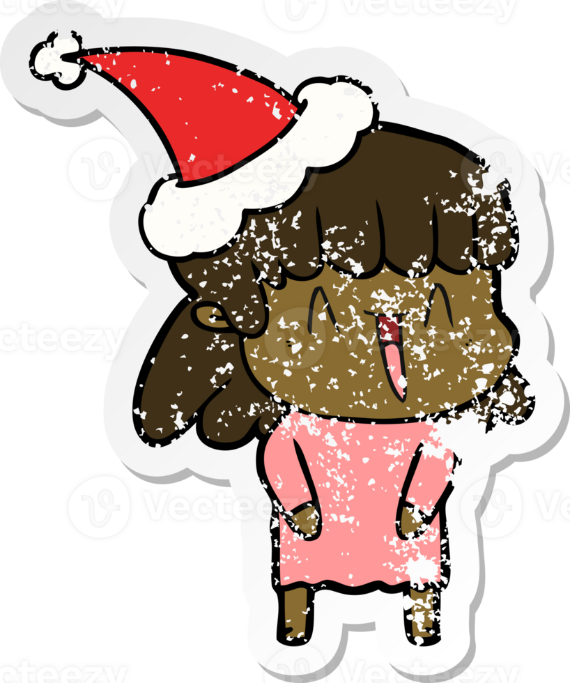 hand drawn distressed sticker cartoon of a woman wearing santa hat png