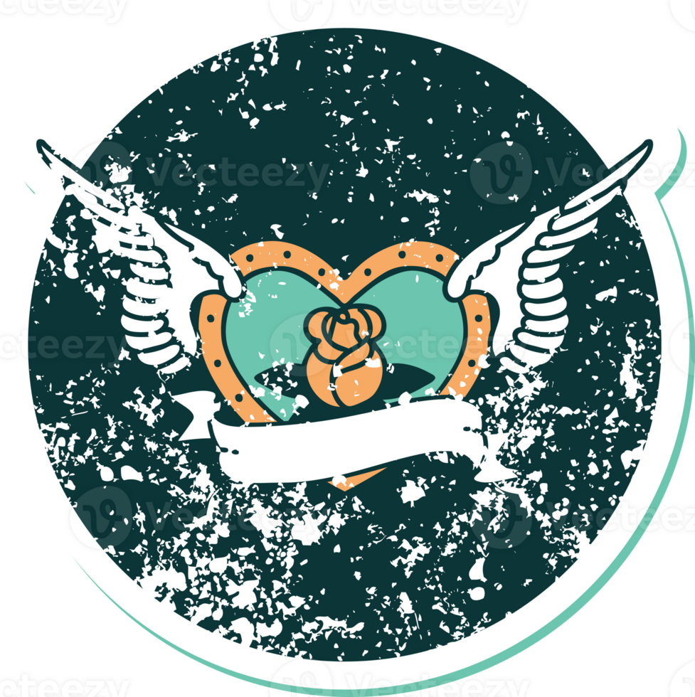 iconic distressed sticker tattoo style image of a flying heart with flowers and banner png
