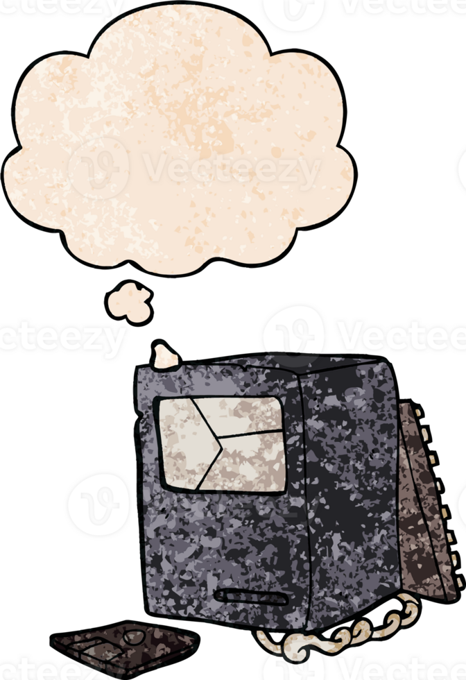 cartoon broken old computer with thought bubble in grunge texture style png