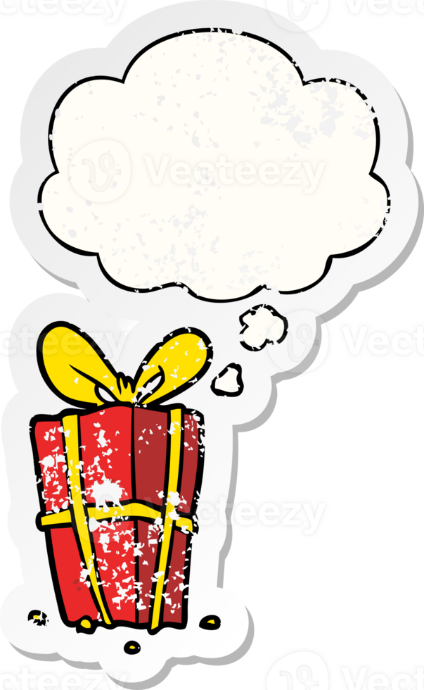 cartoon xmas present with thought bubble as a distressed worn sticker png
