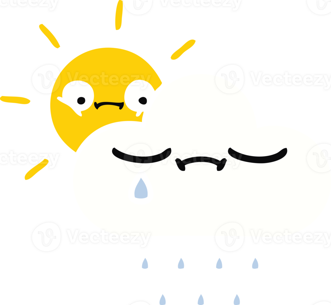 flat color retro cartoon of a sunshine and rain cloud png