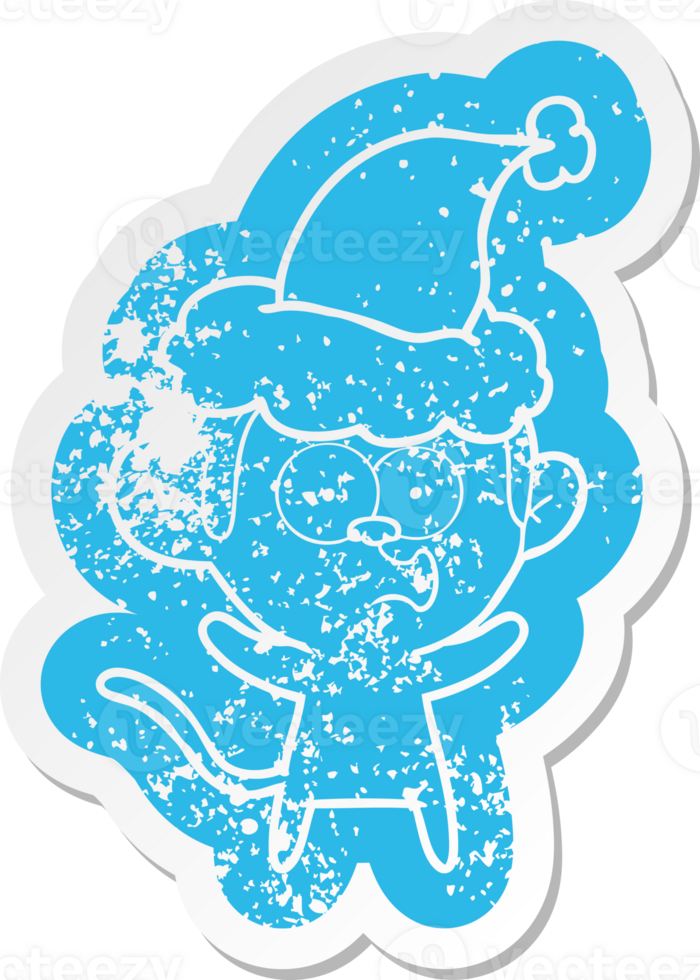 quirky cartoon distressed sticker of a surprised monkey wearing santa hat png
