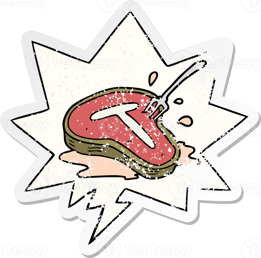 cartoon cooked steak and fork with speech bubble distressed distressed old sticker png