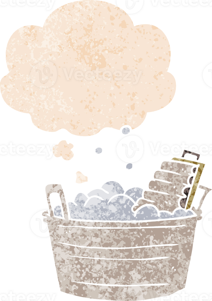 cartoon old washboard and bucket with thought bubble in grunge distressed retro textured style png