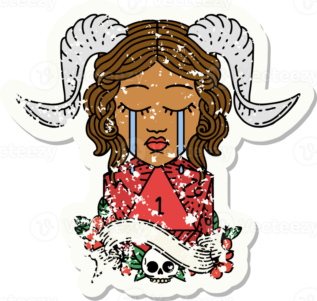 Retro Tattoo Style crying tiefling with natural one D20 dice roll png