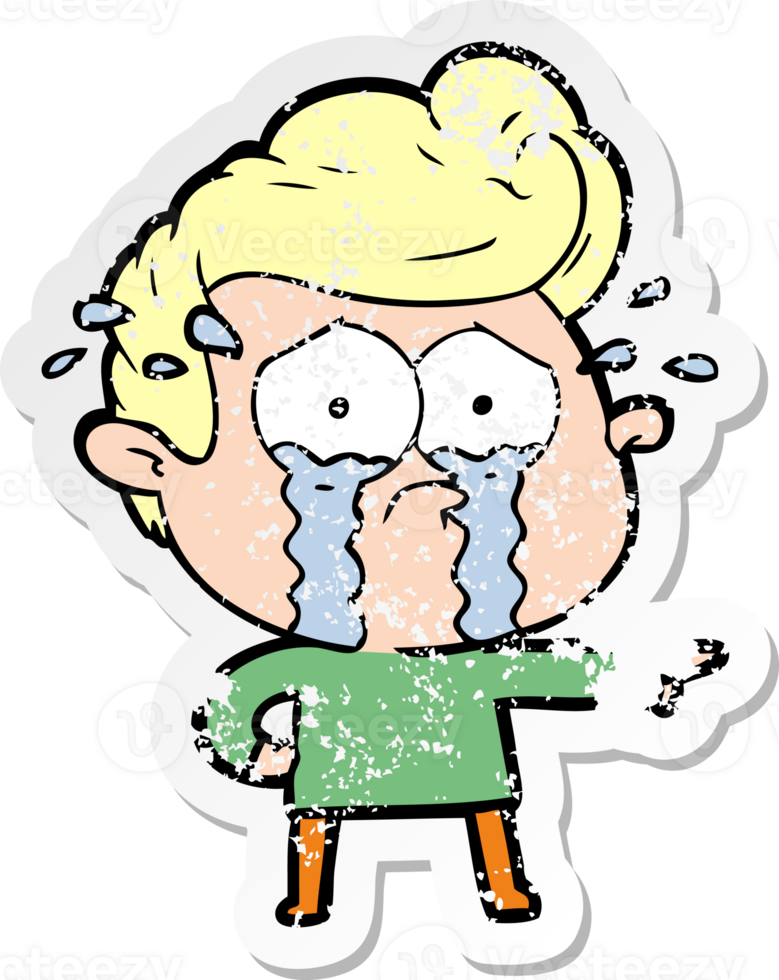 distressed sticker of a cartoon crying man png