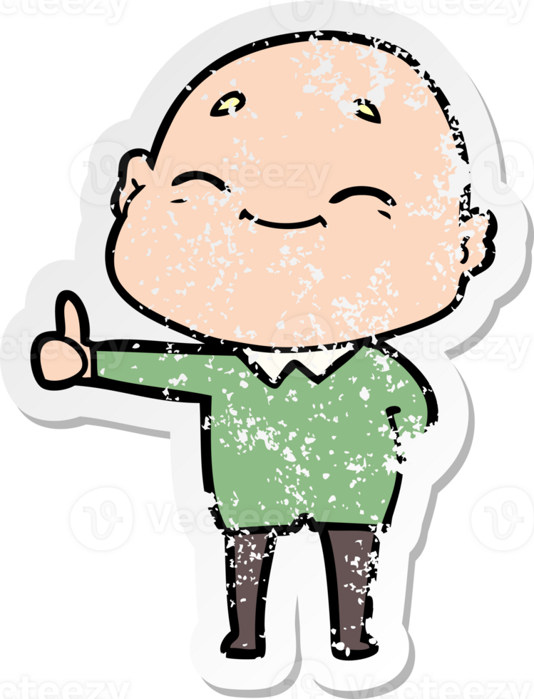 distressed sticker of a happy cartoon bald man png