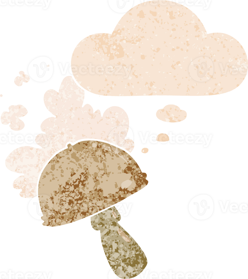 cartoon mushroom with spore cloud with thought bubble in grunge distressed retro textured style png