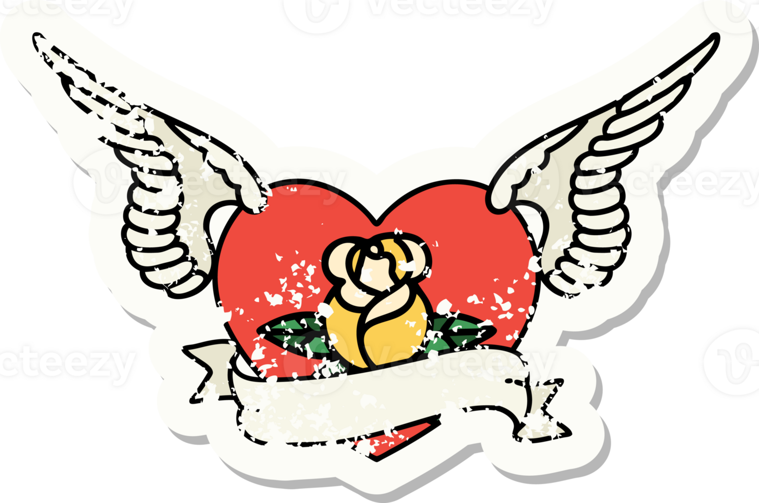distressed sticker tattoo in traditional style of a flying heart with flowers and banner png
