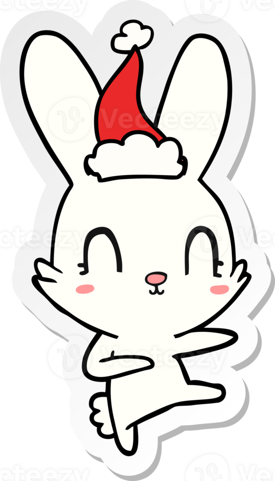 cute hand drawn sticker cartoon of a rabbit dancing wearing santa hat png