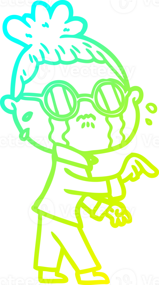 cold gradient line drawing of a cartoon crying woman wearing spectacles png