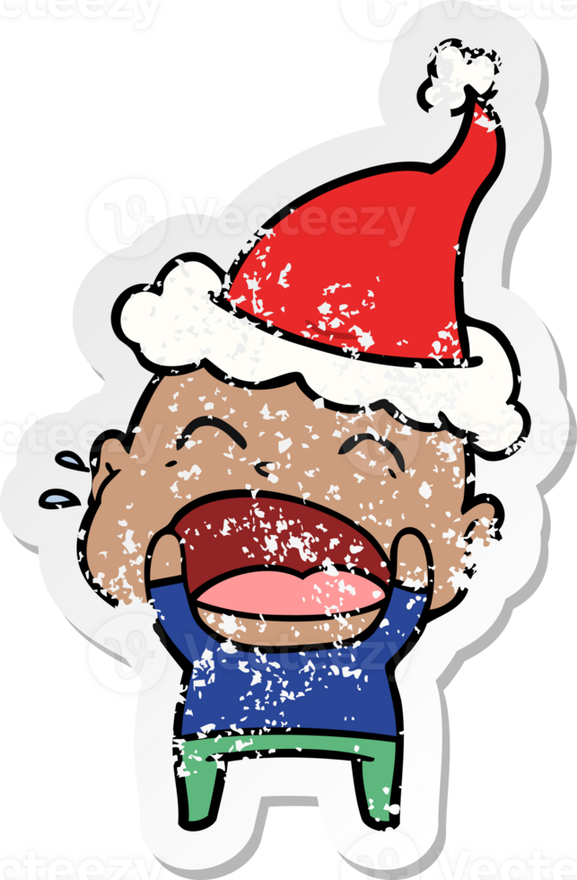 hand drawn distressed sticker cartoon of a shouting bald man wearing santa hat png