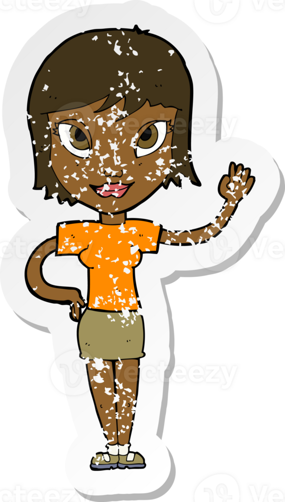 retro distressed sticker of a cartoon woman waving png