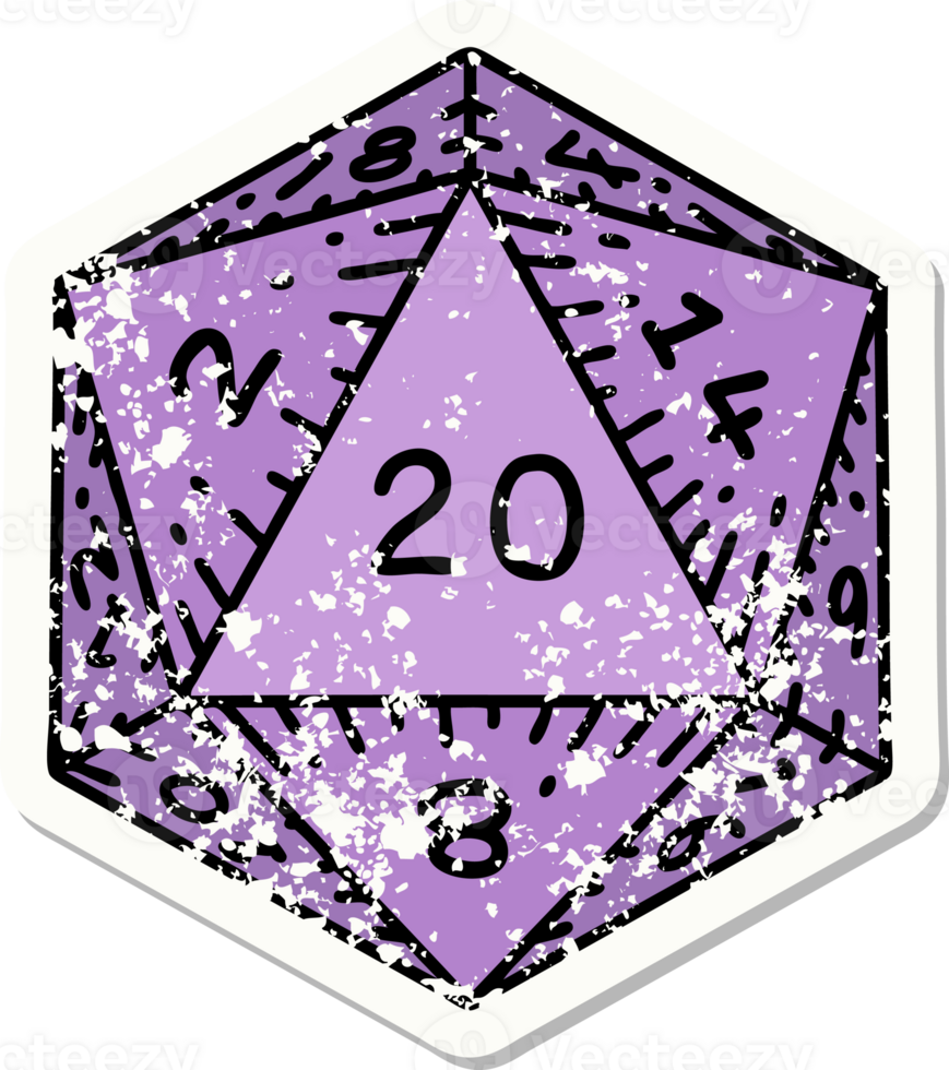 grunge sticker of a natural 20 D20 dice roll png