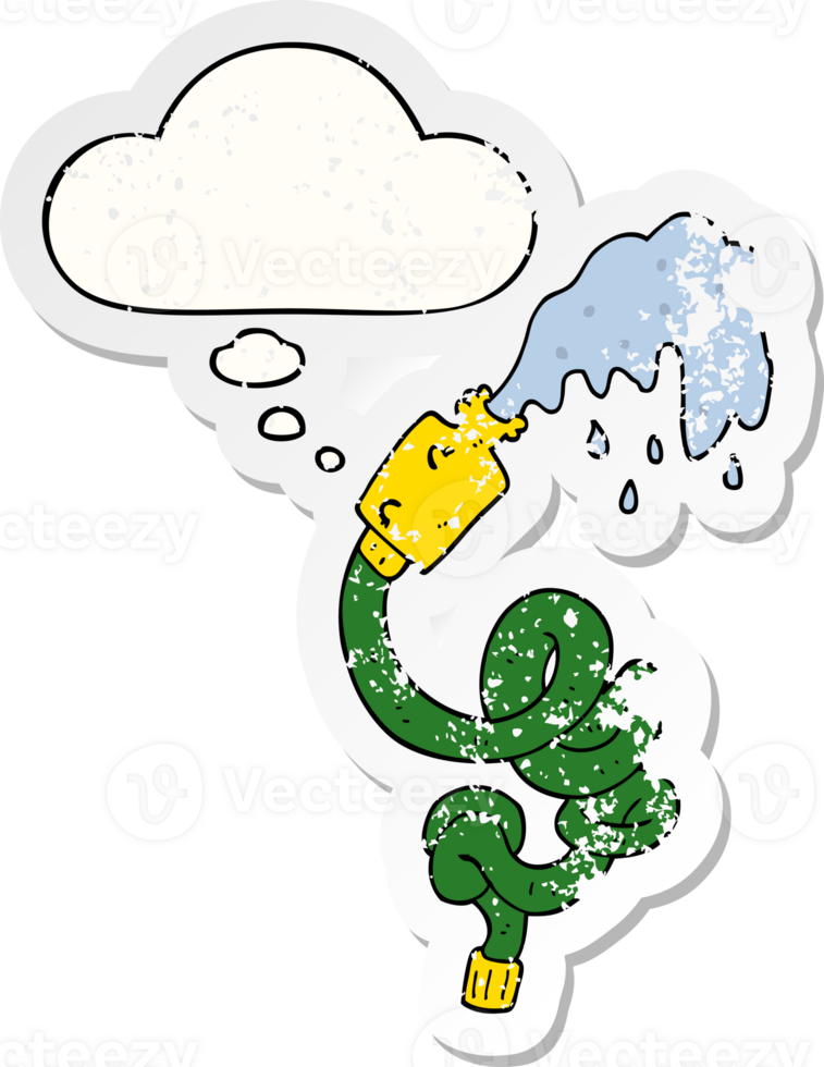 cartoon hosepipe with thought bubble as a distressed worn sticker png
