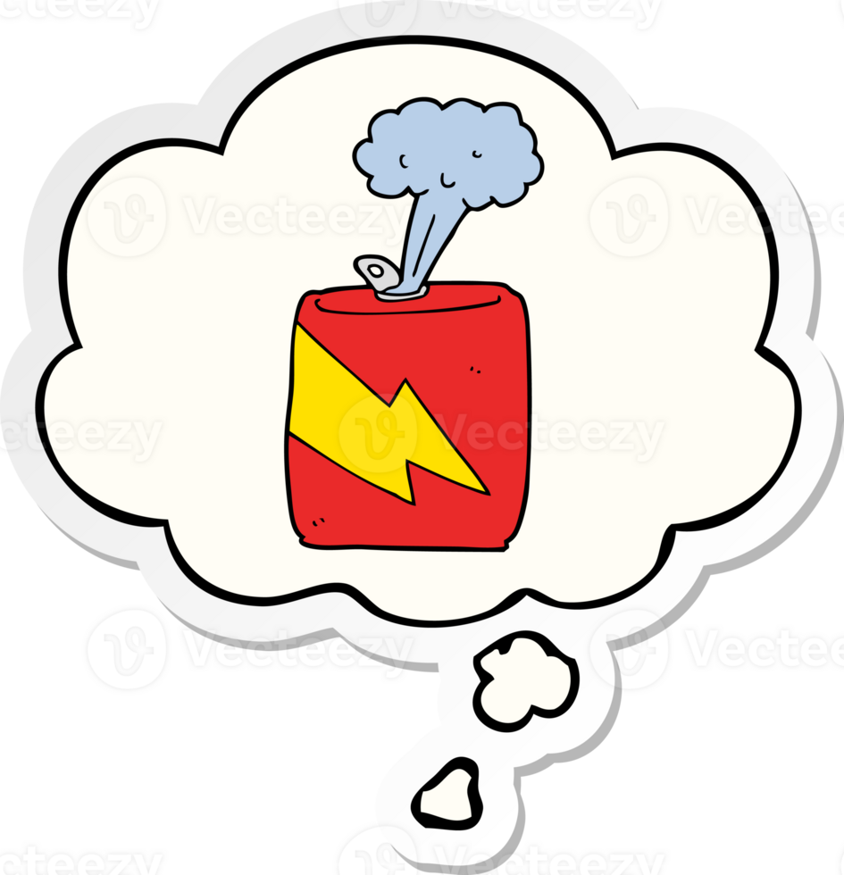 cartoon soda can with thought bubble as a printed sticker png