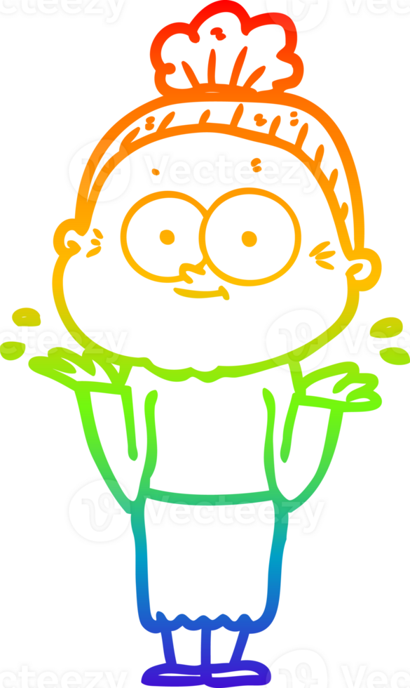 rainbow gradient line drawing of a cartoon happy old woman png