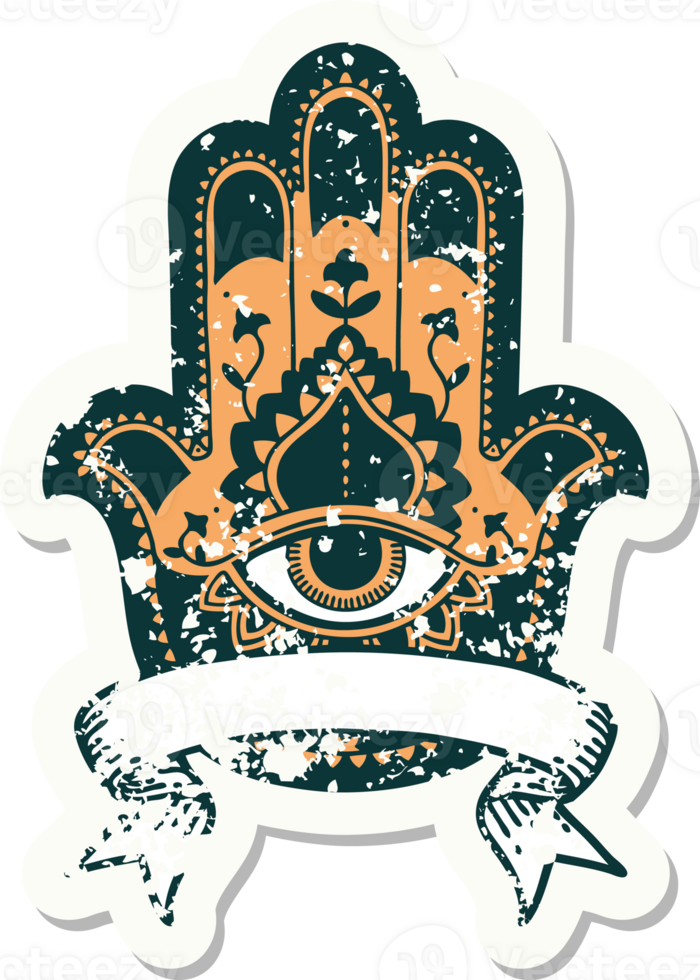 worn old sticker with banner of a hamza png