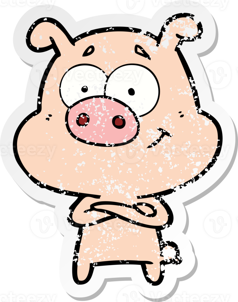 distressed sticker of a happy cartoon pig png